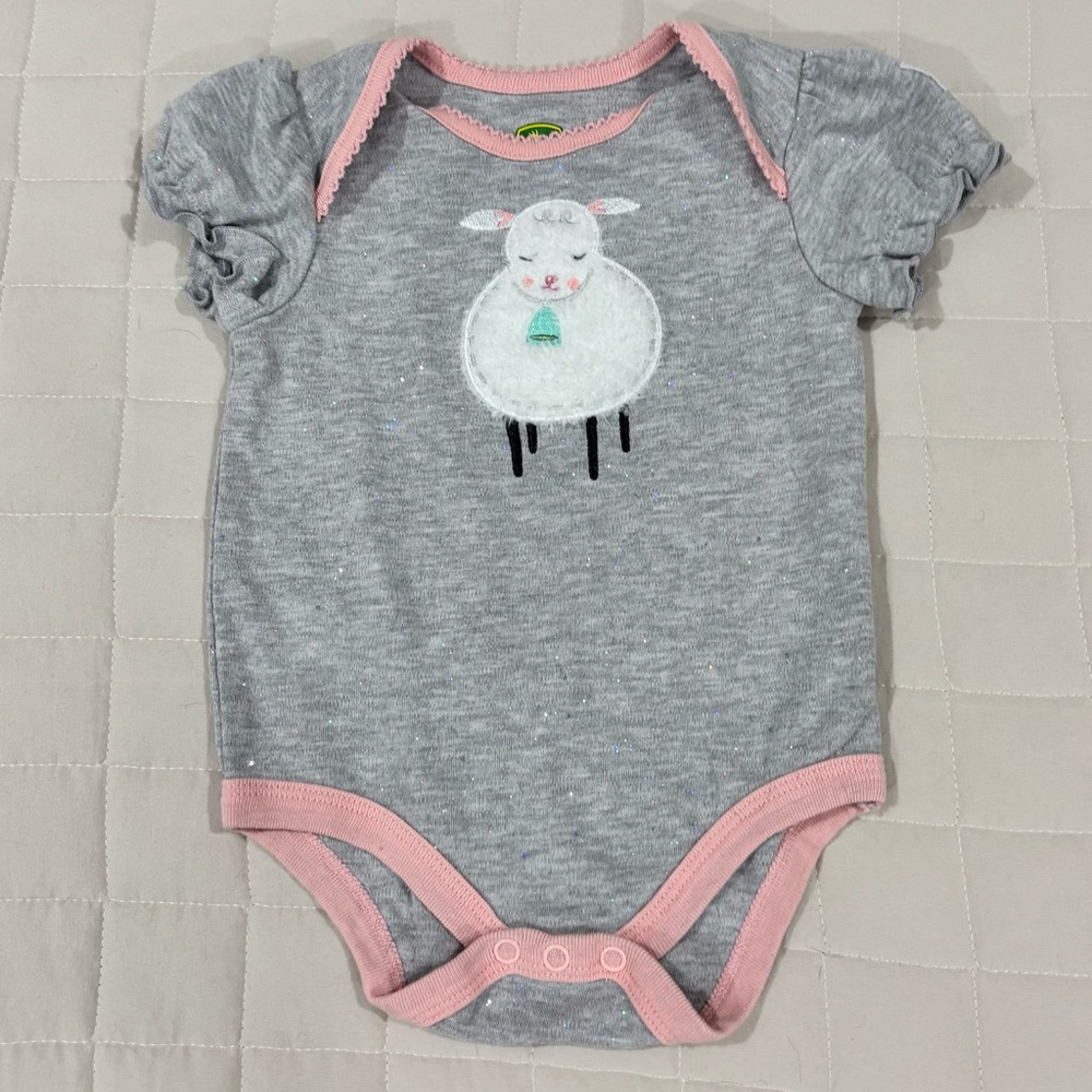 John Deere Sparkly Gray Onesie with Fuzzy Sheep and Pink Trim 3-6M